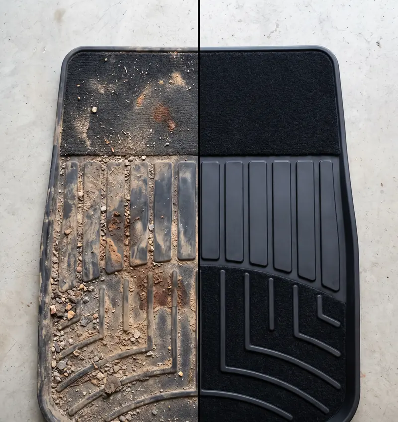 Tapete de hule con barro antes y después