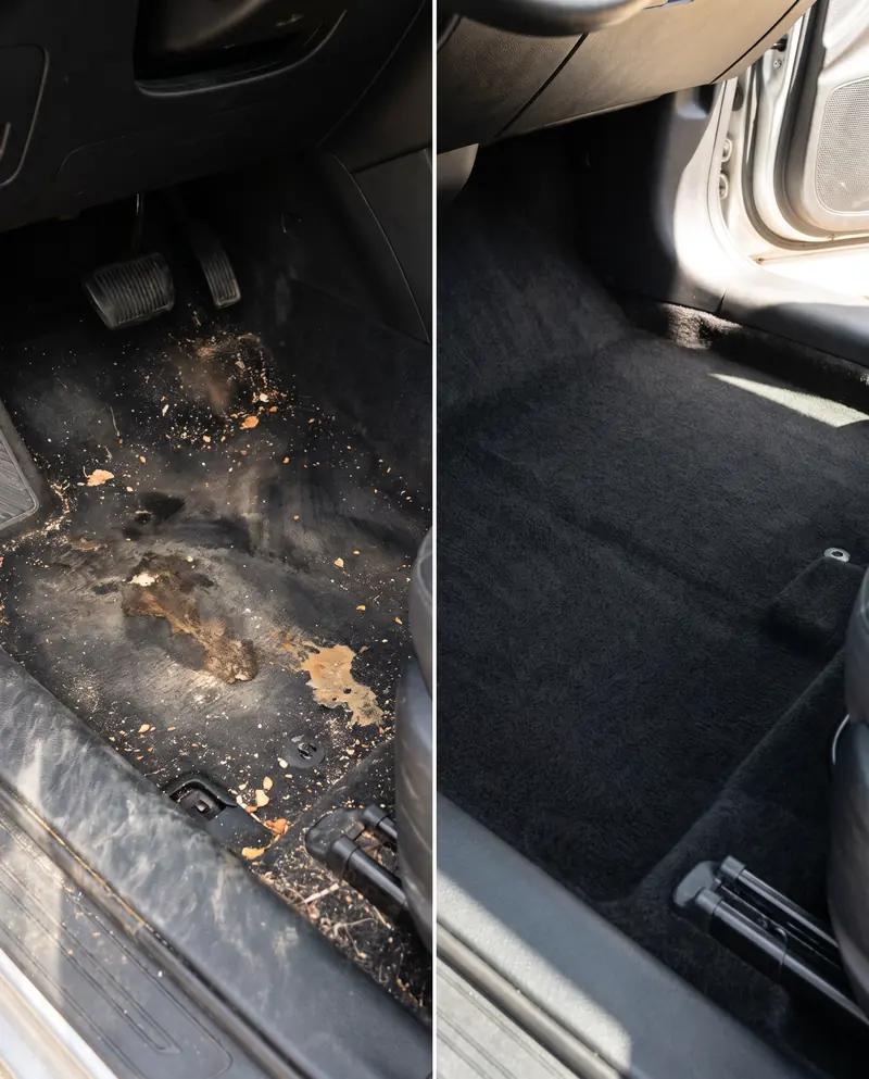 Alfombra interna del auto antes y después