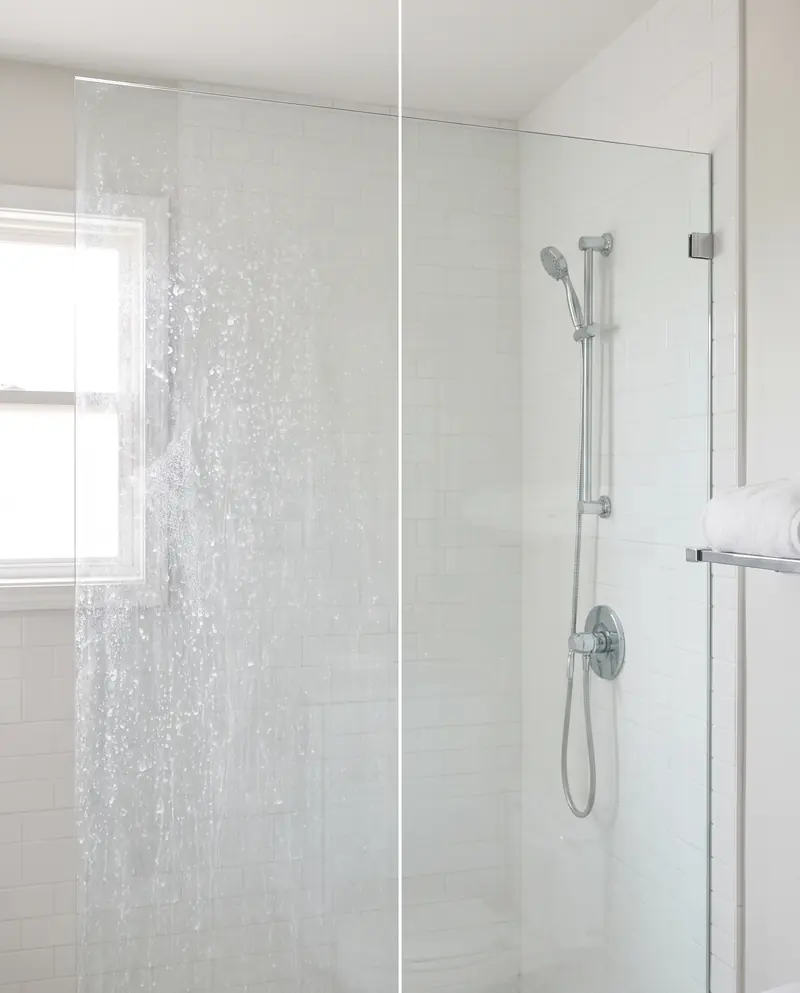 Mampara de baño con sarro antes y después del pulido