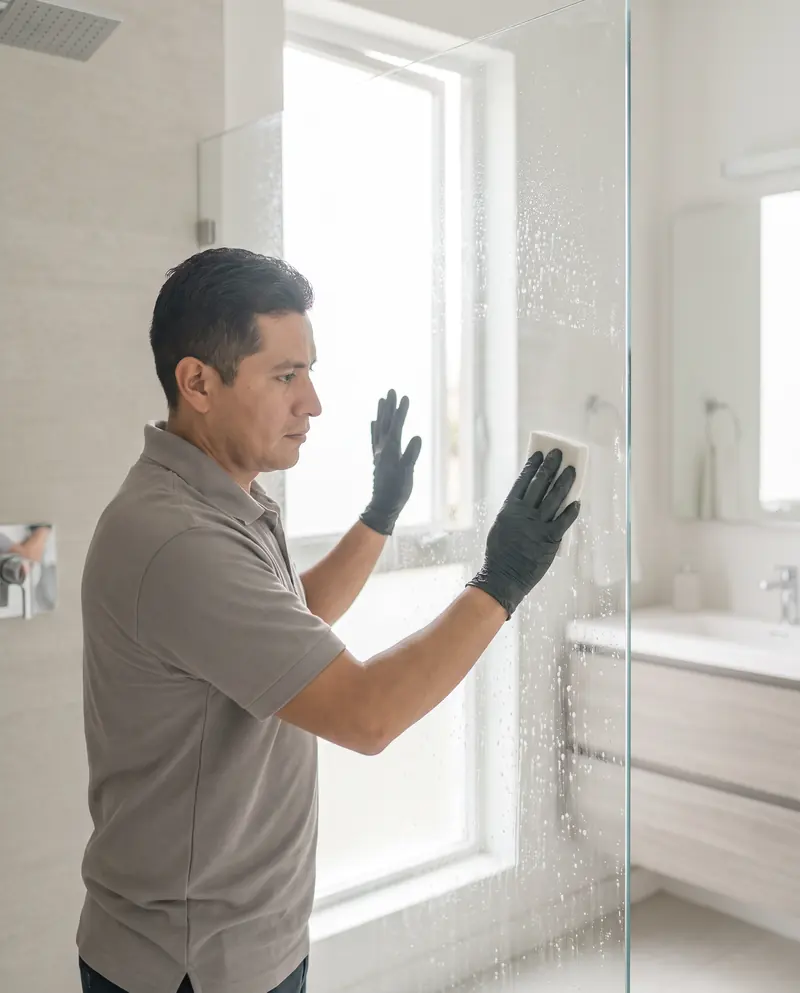 Pulido de una mampara de baño para quitar la gota seca